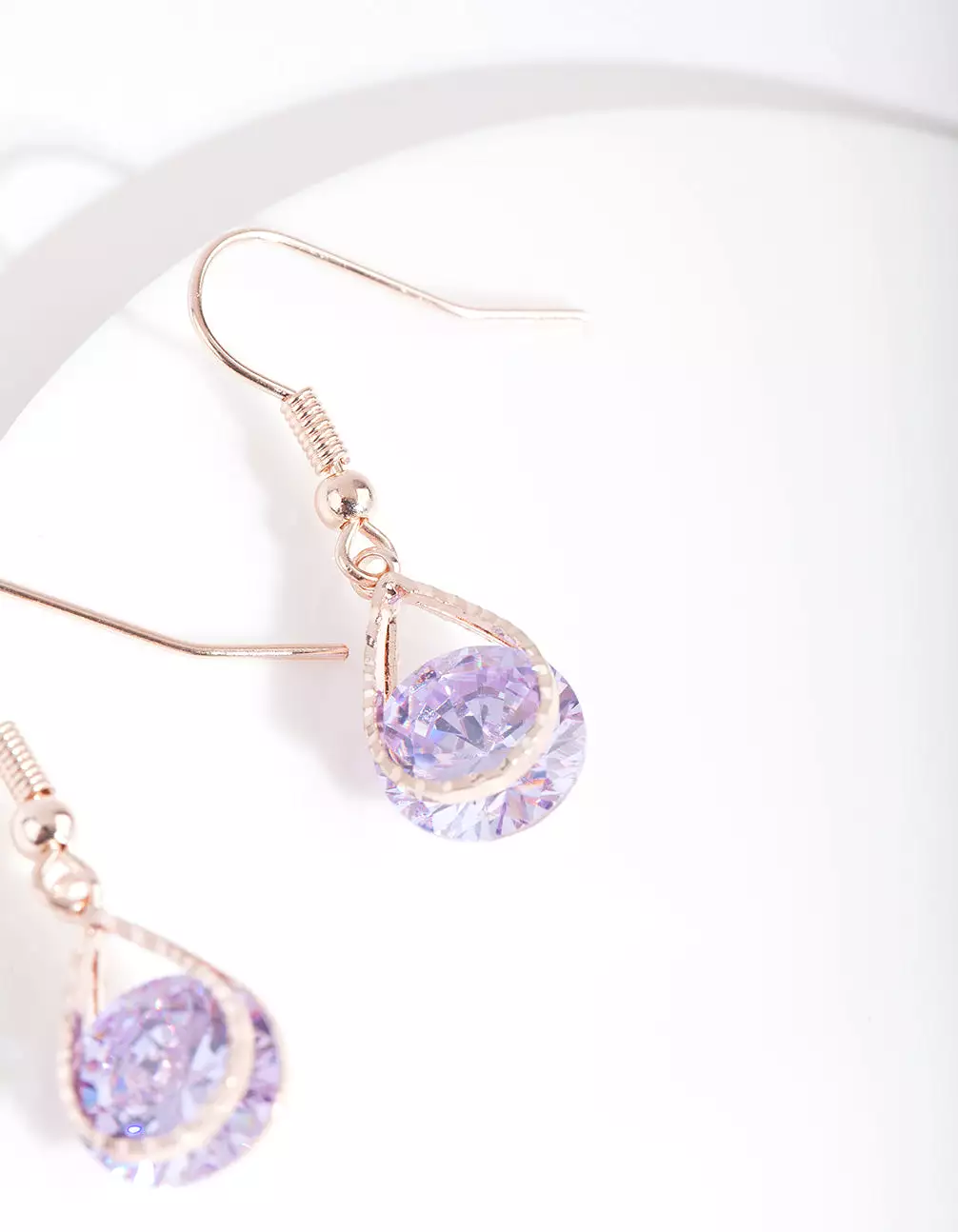 Rose Gold Cubic Zirconia Purple Diamante Teardrop Earrings