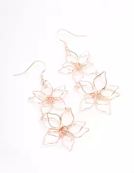 Rose Gold Double Wire Flower Drop Earrings