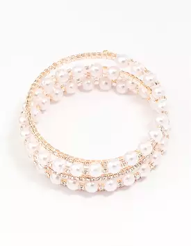 Rose Gold Pearl & Diamante Wrapped Bracelet