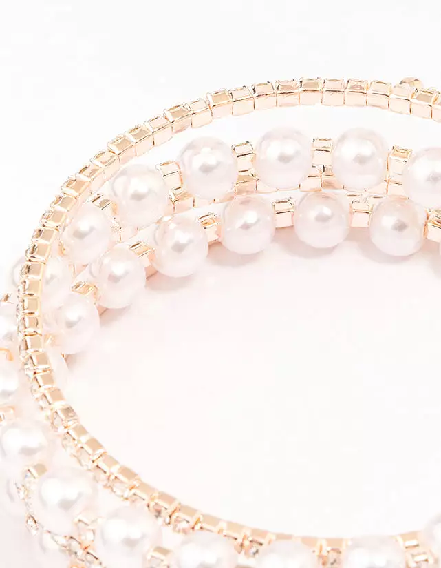 Rose Gold Pearl & Diamante Wrapped Bracelet