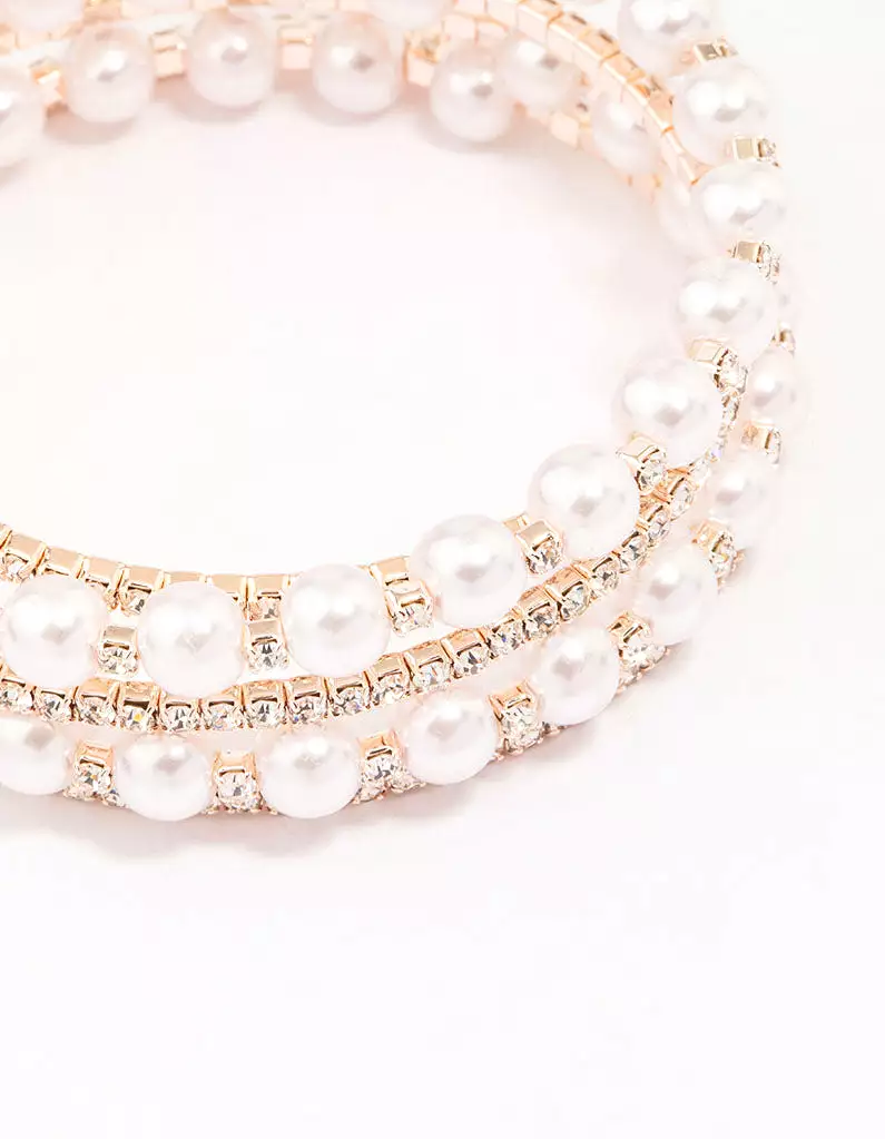 Rose Gold Pearl & Diamante Wrapped Bracelet