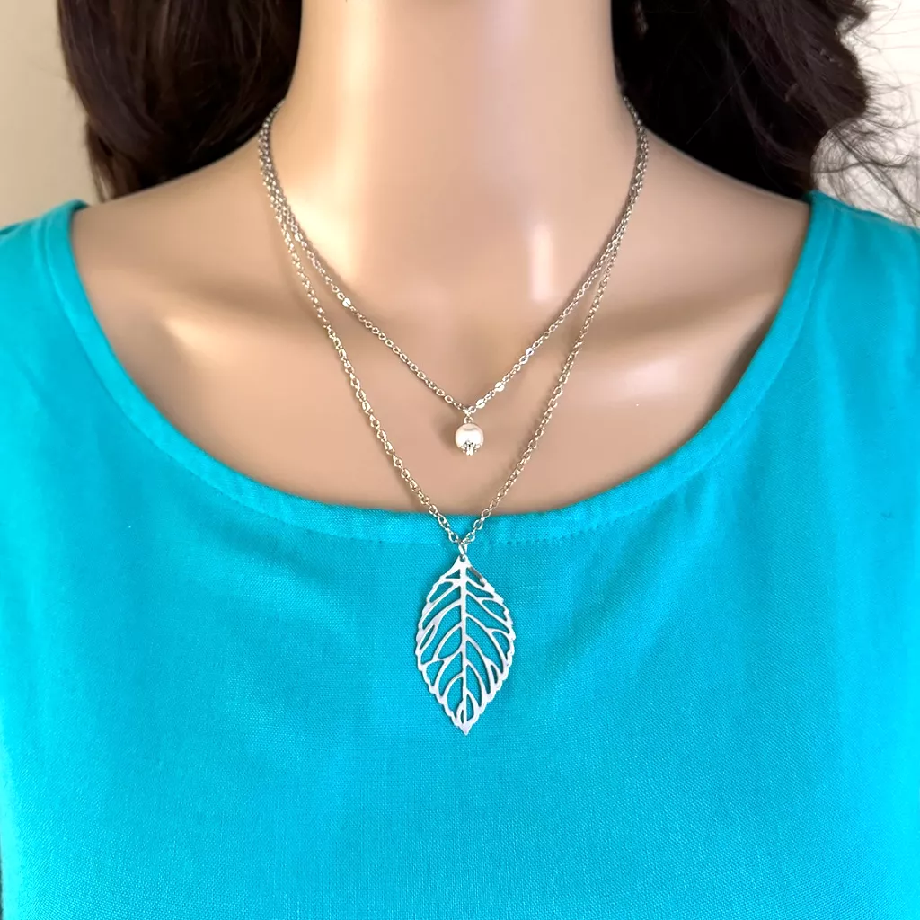 Silver Cut Out Leaf and Pearl Layered Necklace