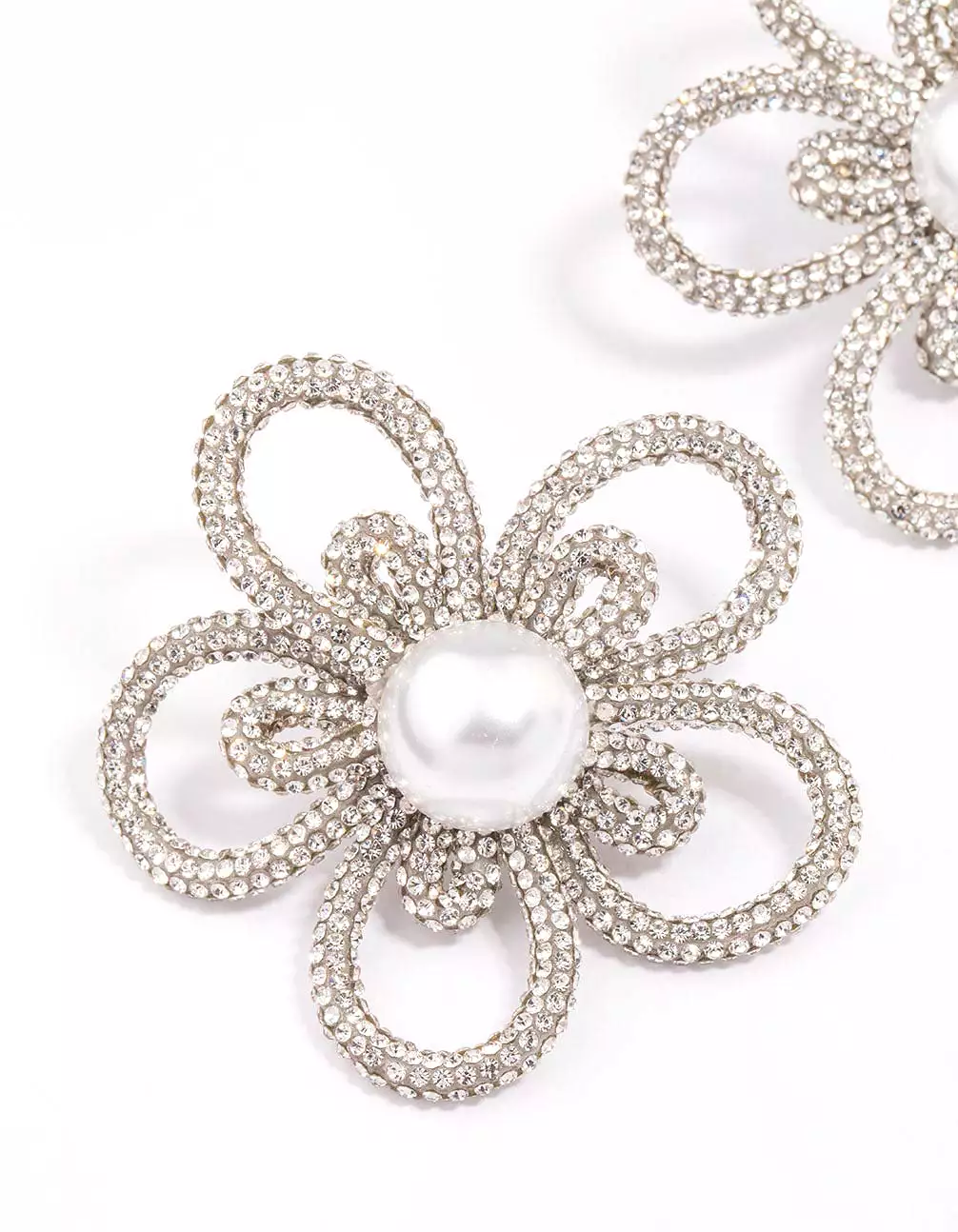 Silver Diamante & Pearl Flower Statement Stud Earrings