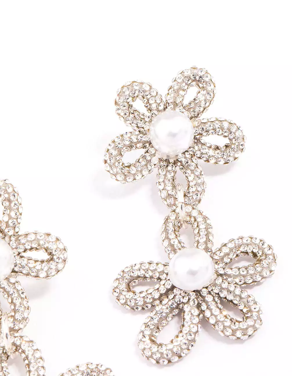 Silver Double Flower Pearl Drop Earrings