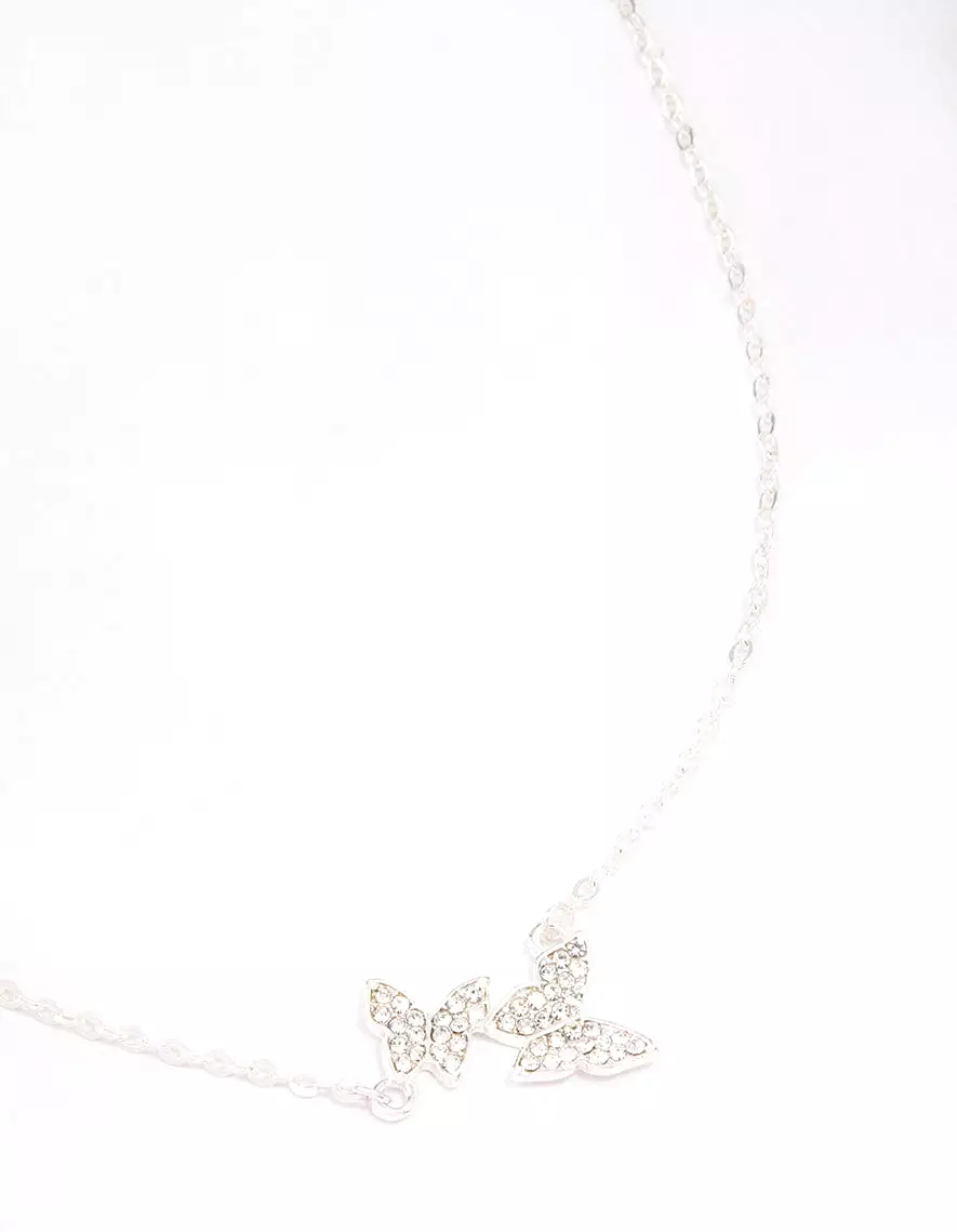 Silver Double Pave Butterfly Short Necklace