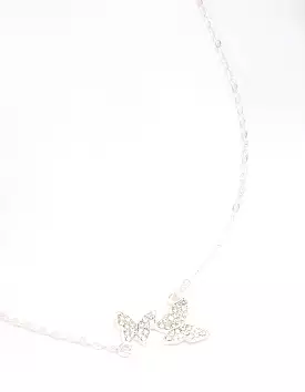 Silver Double Pave Butterfly Short Necklace