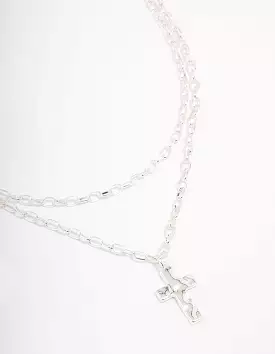 Silver Plated Chunky Cross Layered Necklace