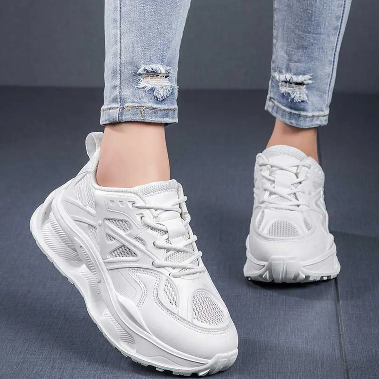 White hollow mesh plain sport shoe sneaker