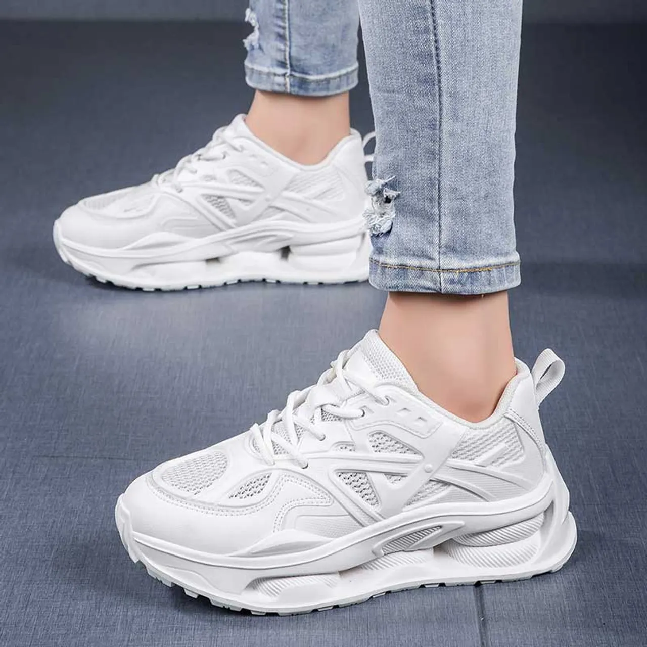 White hollow mesh plain sport shoe sneaker