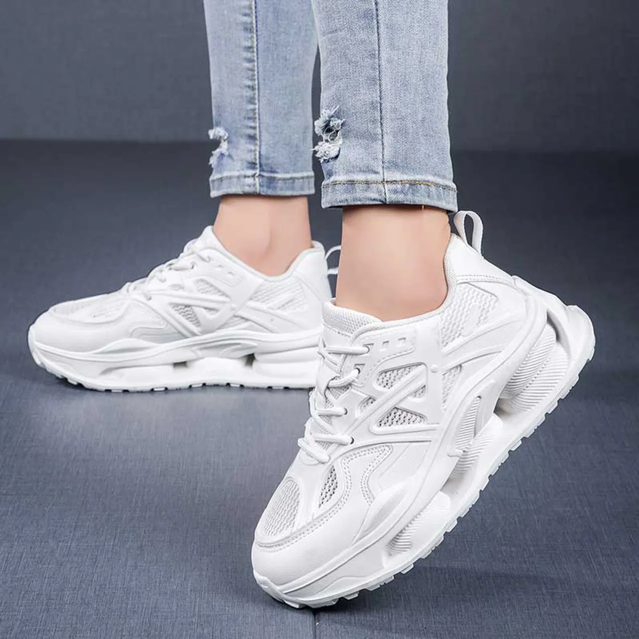 White hollow mesh plain sport shoe sneaker