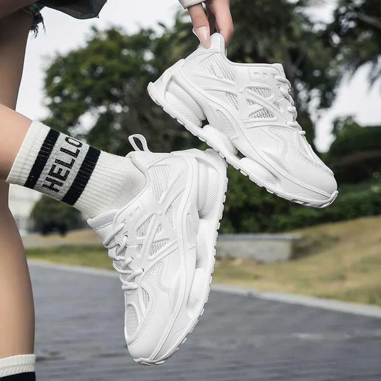 White hollow mesh plain sport shoe sneaker