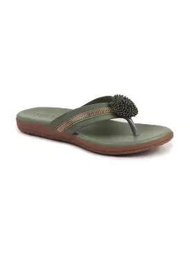 Women Olive Shiny Beads T-Strap Slipper With Cushioned Footbed|Party|Office Wear|Weekend