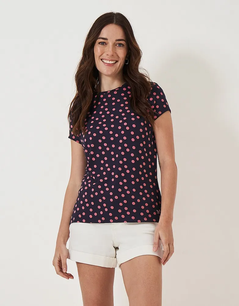 Women's Polka Dot Printed Jersey Tee in Navy and Pink from Crew Clothing Company